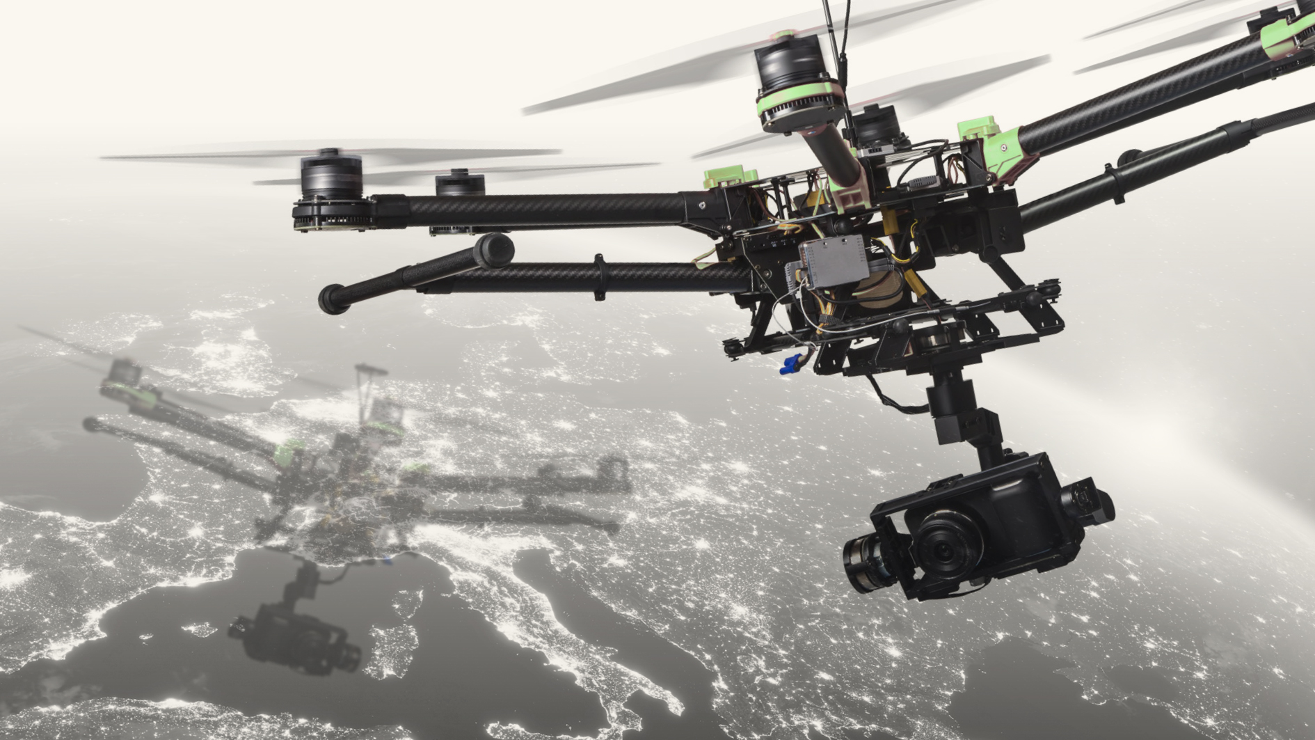 Drone flying over satellite image of Europe