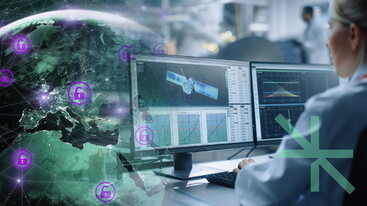 Woman looking at spacecraft image on a screen overlaid with padlock icons and Nexova logo