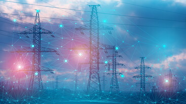 Electricity pylons with overlaid graphic of connected lines and dots