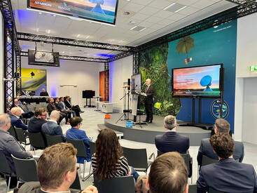Nexova CEO Gaetan Desclee speaking at the inauguration of ESA's SCCoE facility
