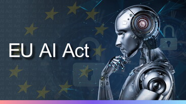 Graphic of robot looking thoughtful with text saying EU AI Act