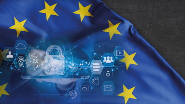Illustration of part of the EU flag with icons representing security overlaid