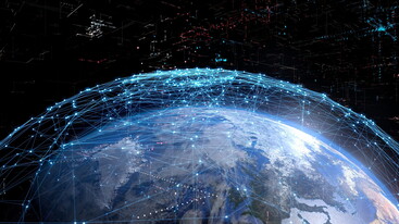 Graphic depicting interconnecting lines of communication above Earth