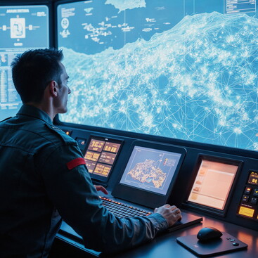man sitting at security centre command screen with multiple displays in front of him