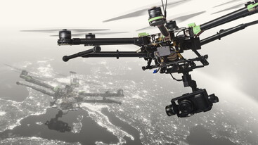 Drone flying over satellite image of Europe